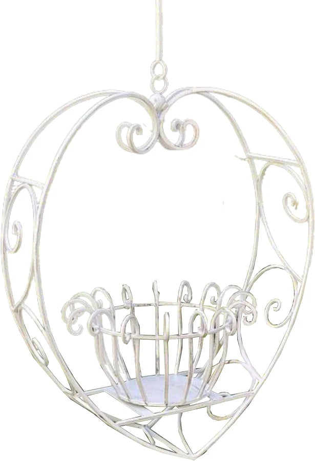 Hanging Heart Plant Holder - Rustic Cream Wrought Iron